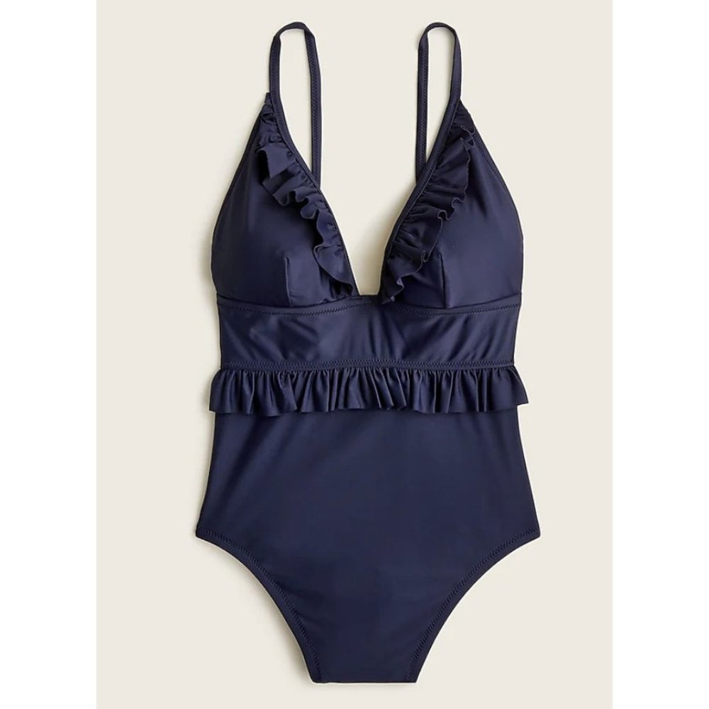 J. Crew Navy Ruffle One-Piece Swimsuit